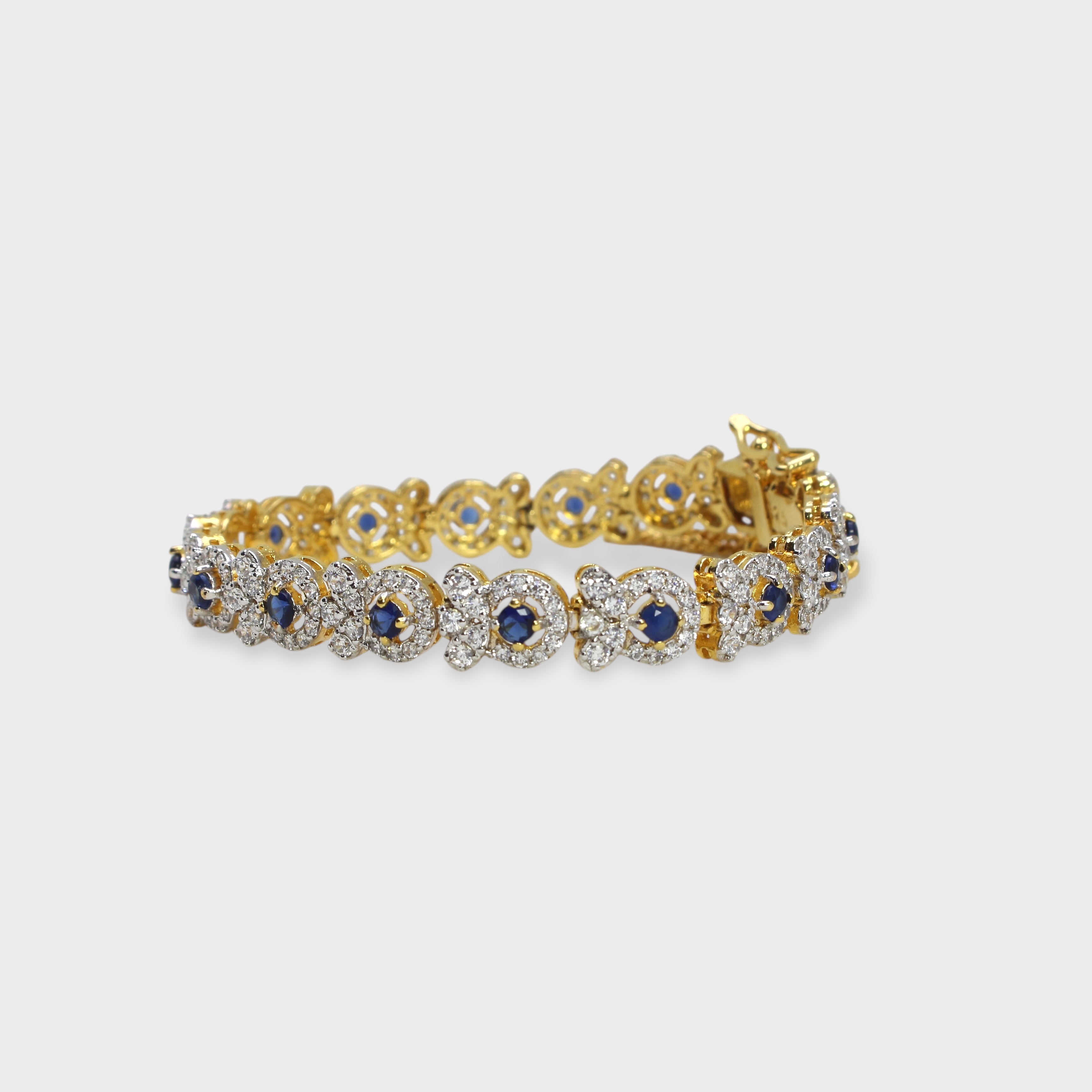 Blue Sapphire Floral Halo Bracelet – Gold Plated