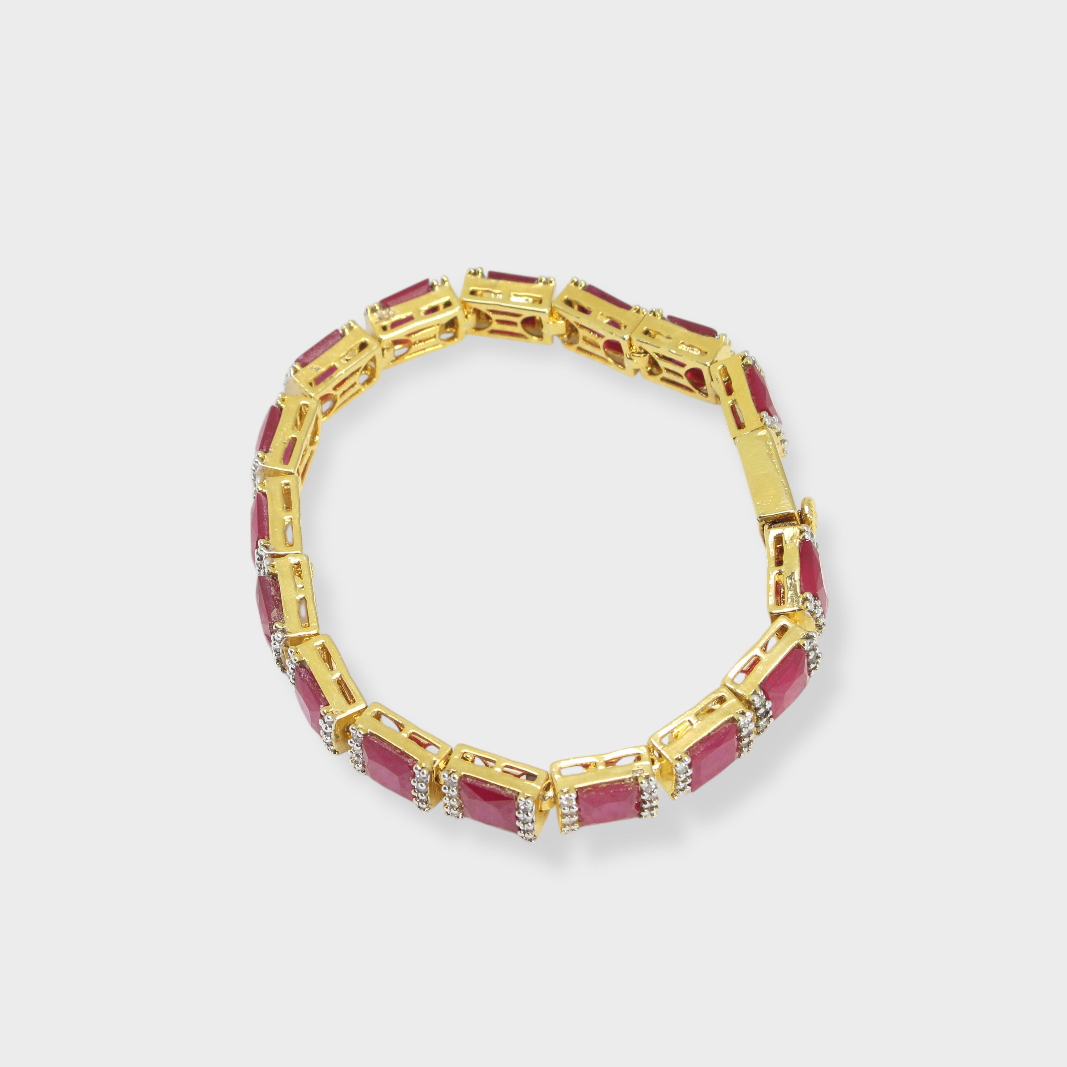 Ruby Red Tennis Bracelet – Emerald-Cut Gems - Gold Plated