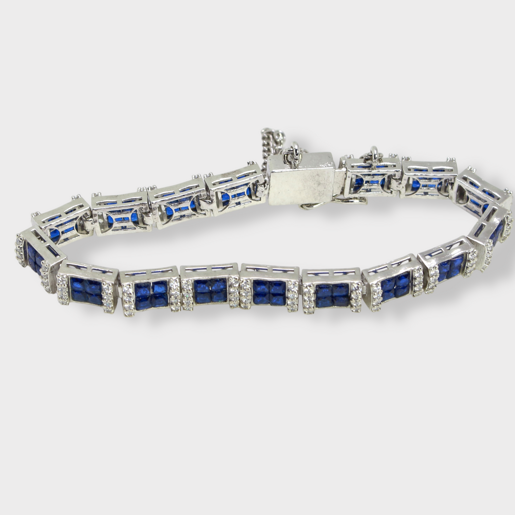 Blue Sapphire Tennis Bracelet – Emerald-Cut Gems - Rhodium Silver