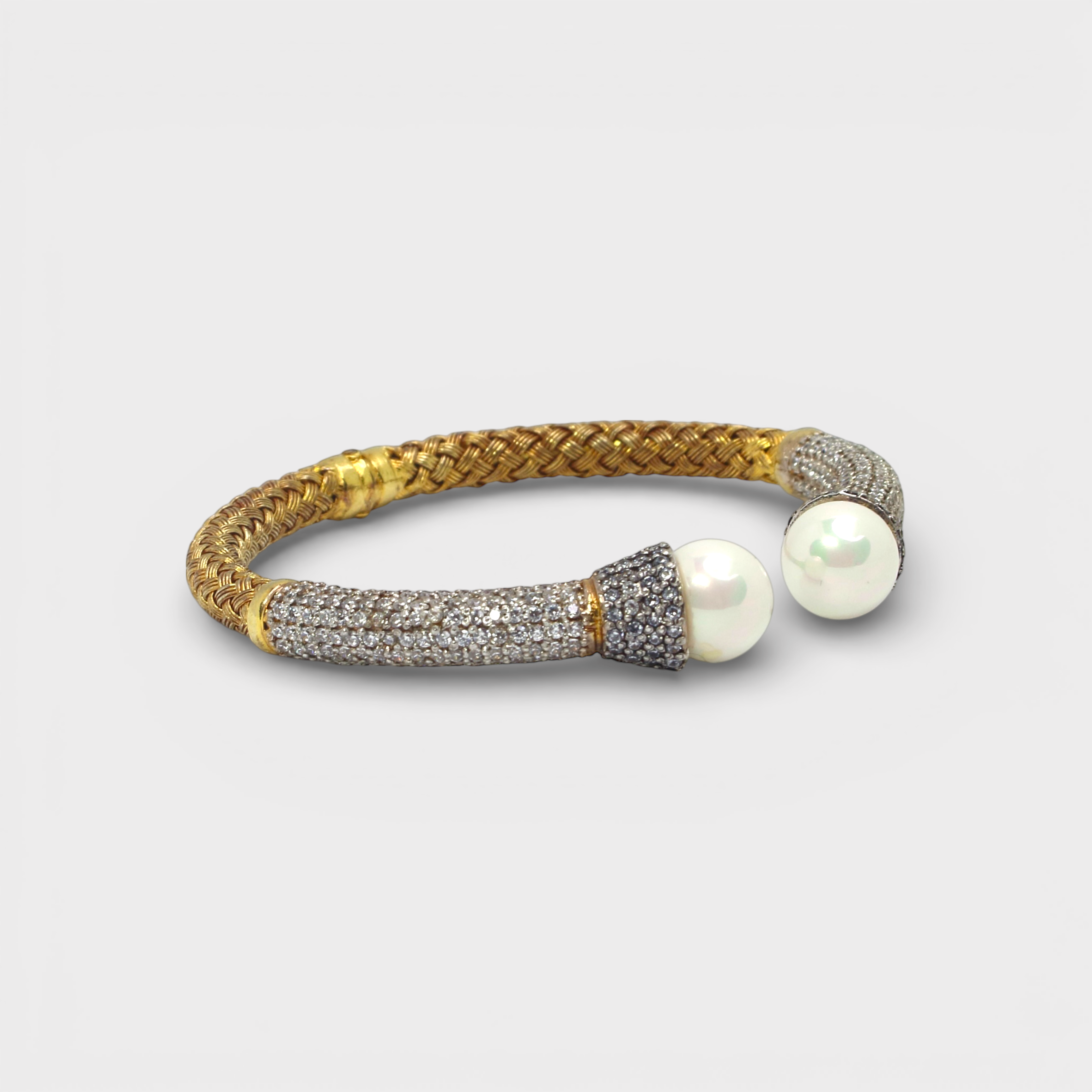 Pearl Braided Cuff Bangle – 18K Gold Plated CZ Pave