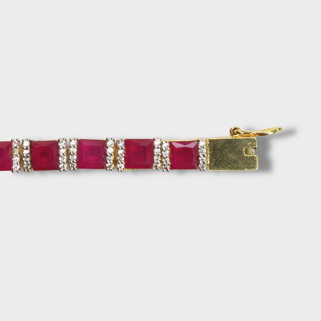 Ruby Red Tennis Bracelet – Emerald-Cut Gems - Gold Plated