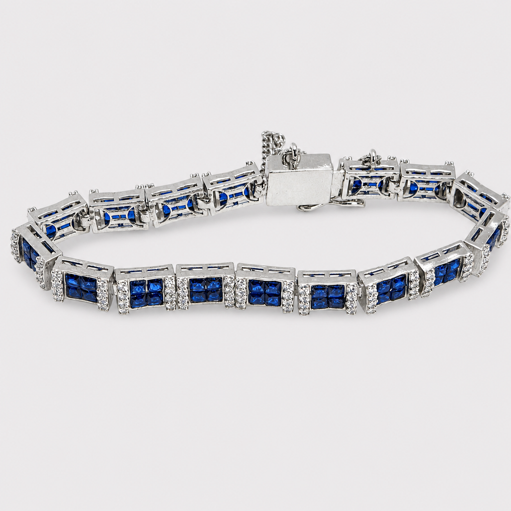 Blue Sapphire Tennis Bracelet – Emerald-Cut Gems - Rhodium Silver