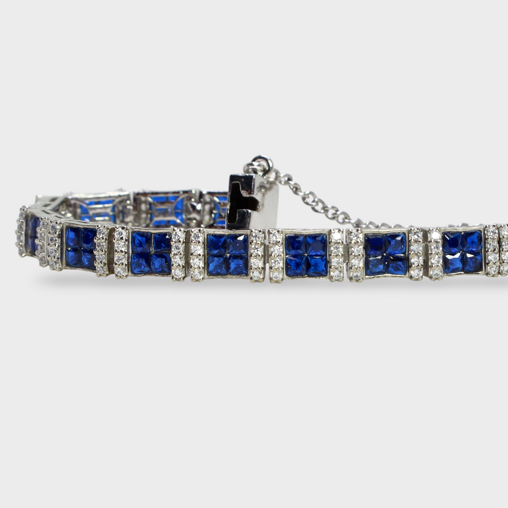 Blue Sapphire Tennis Bracelet – Emerald-Cut Gems - Rhodium Silver
