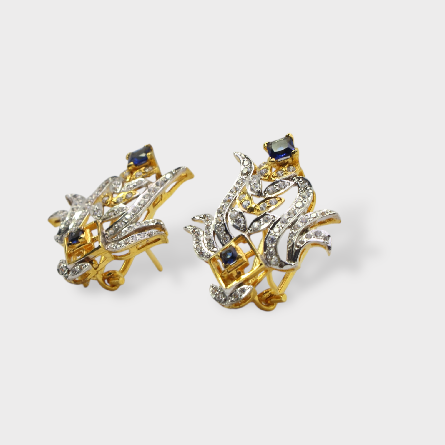 Blue Sapphire Floral Pearl Drop Clip Earrings