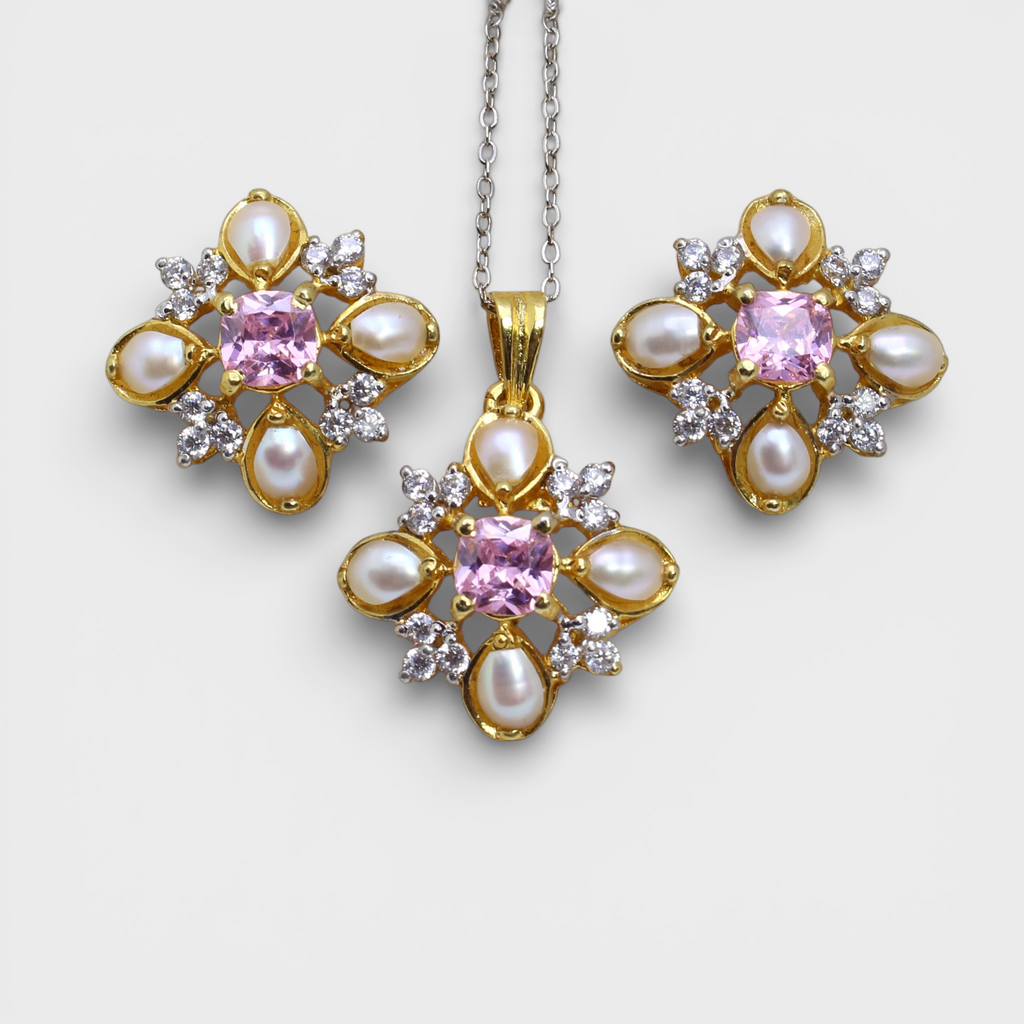 Pink Sapphire Pearl Floral Set – Pendant & Earrings