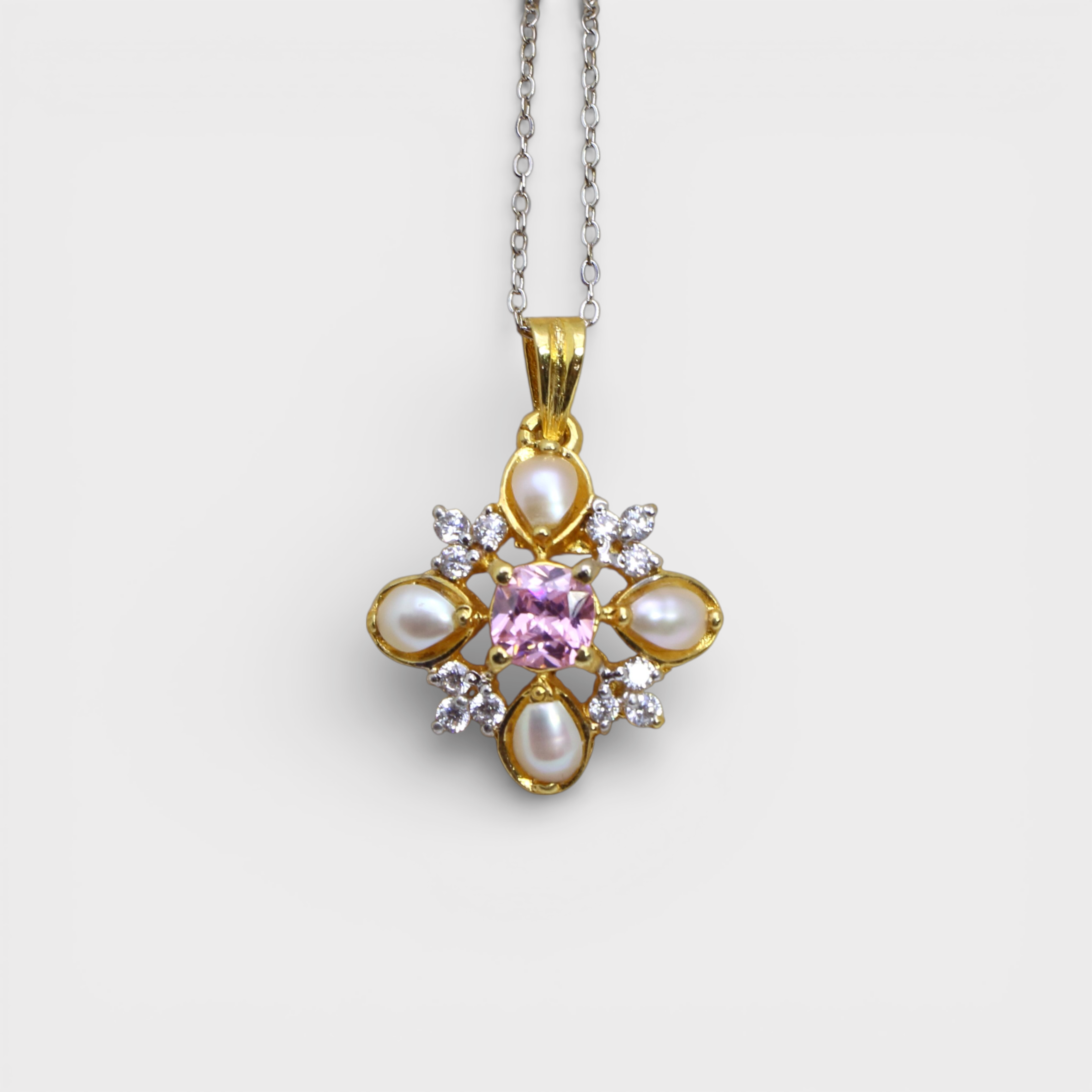 Pink Sapphire Pearl Floral Set – Pendant & Earrings