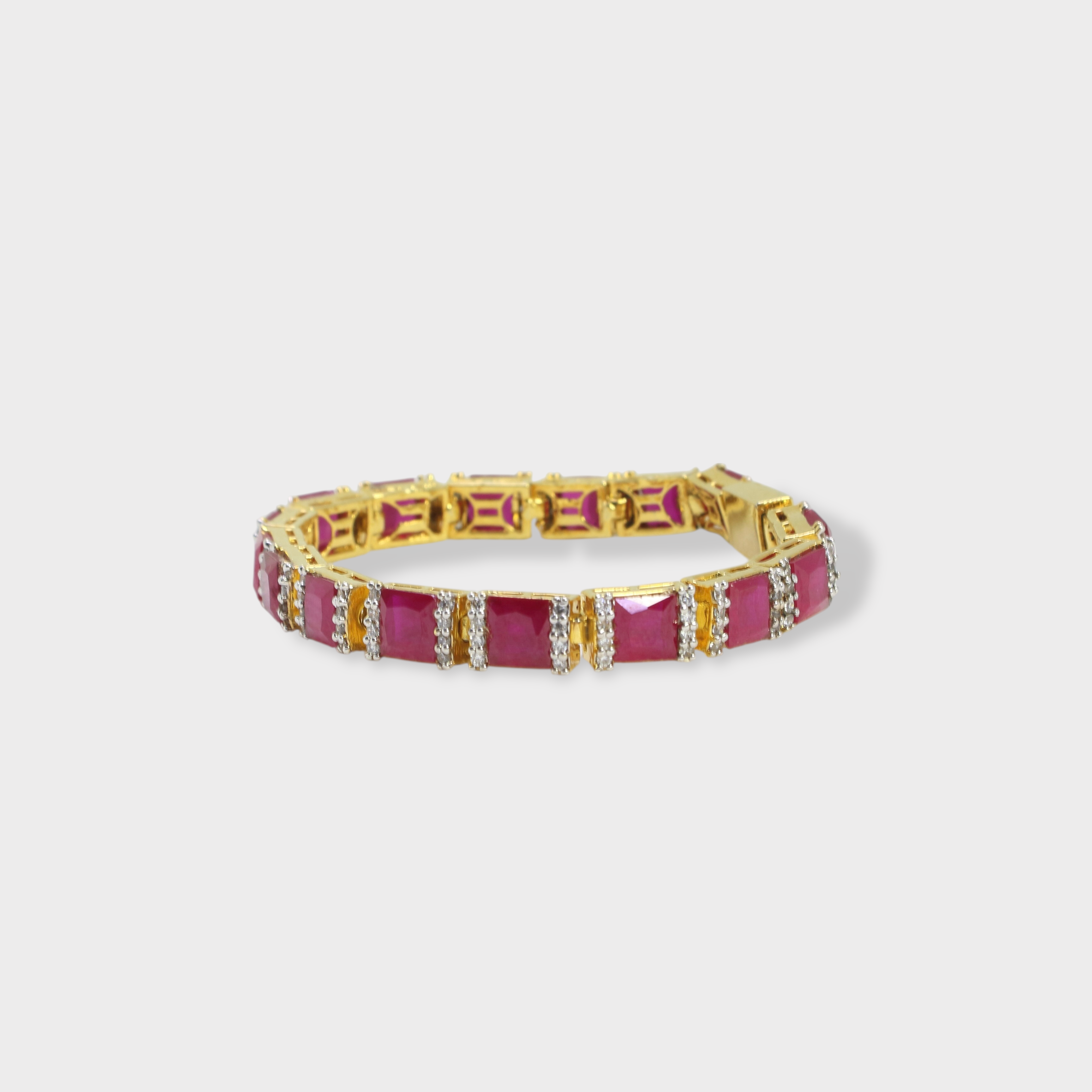 Ruby Red Tennis Bracelet – Emerald-Cut Gems - Gold Plated