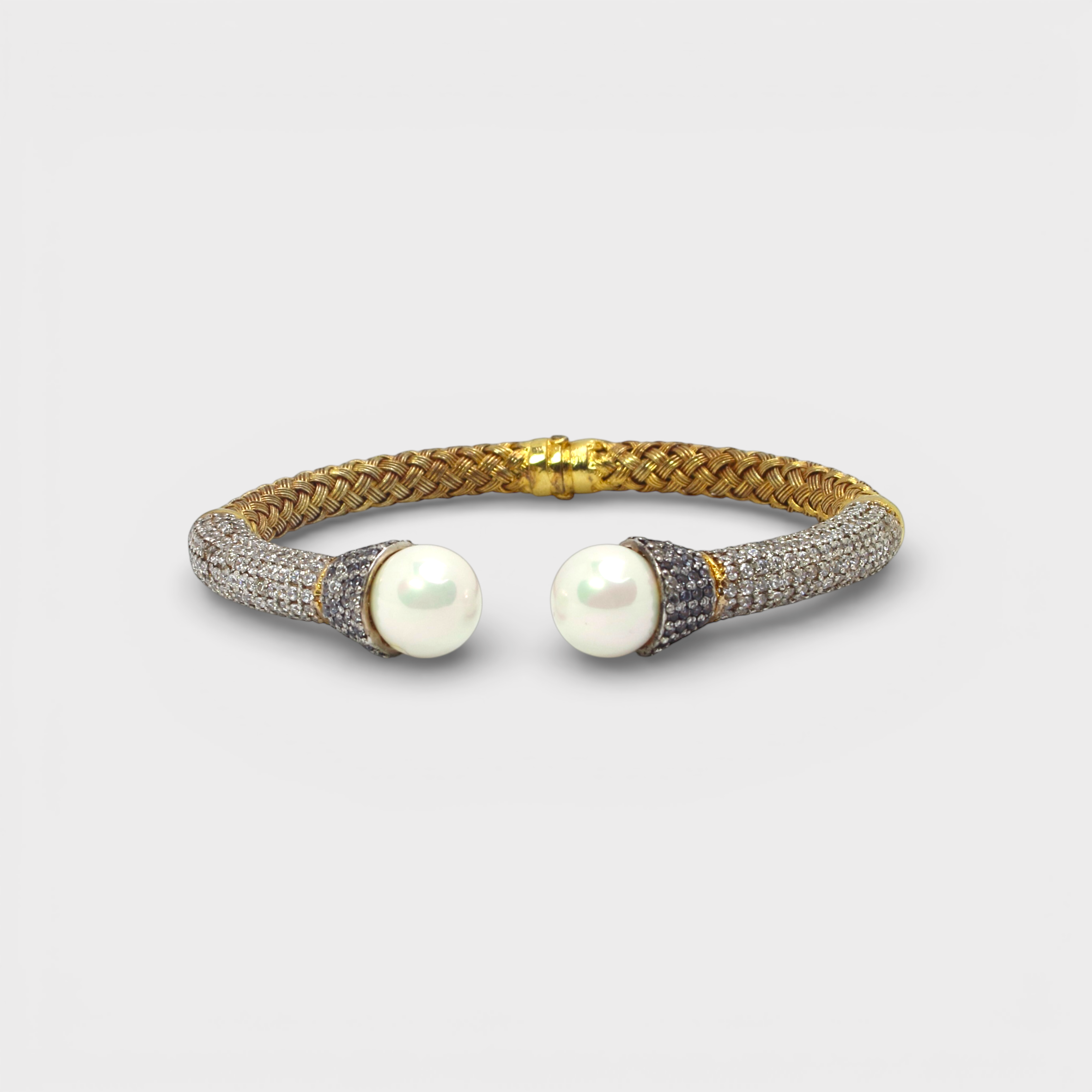 Pearl Braided Cuff Bangle – 18K Gold Plated CZ Pave