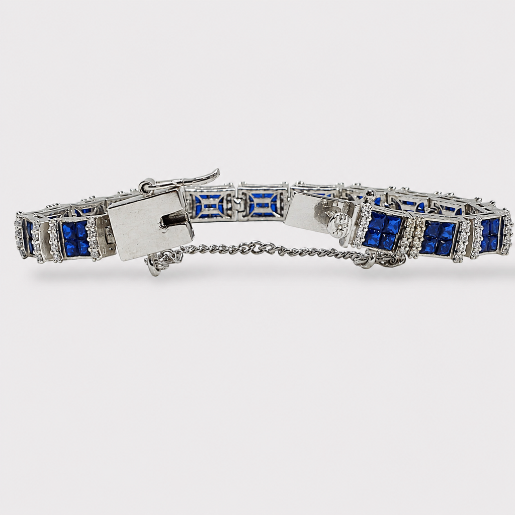 Blue Sapphire Tennis Bracelet – Emerald-Cut Gems - Rhodium Silver