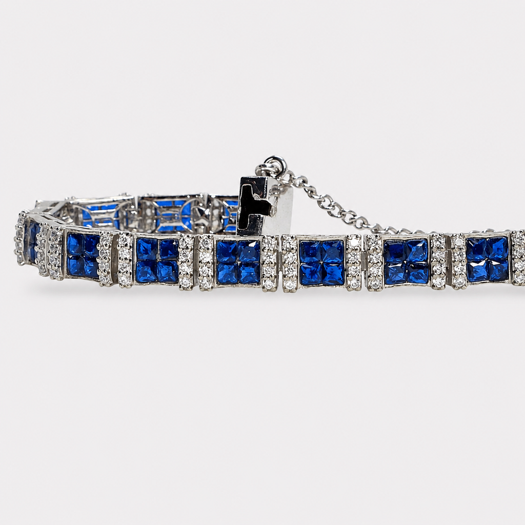 Blue Sapphire Tennis Bracelet – Emerald-Cut Gems - Rhodium Silver