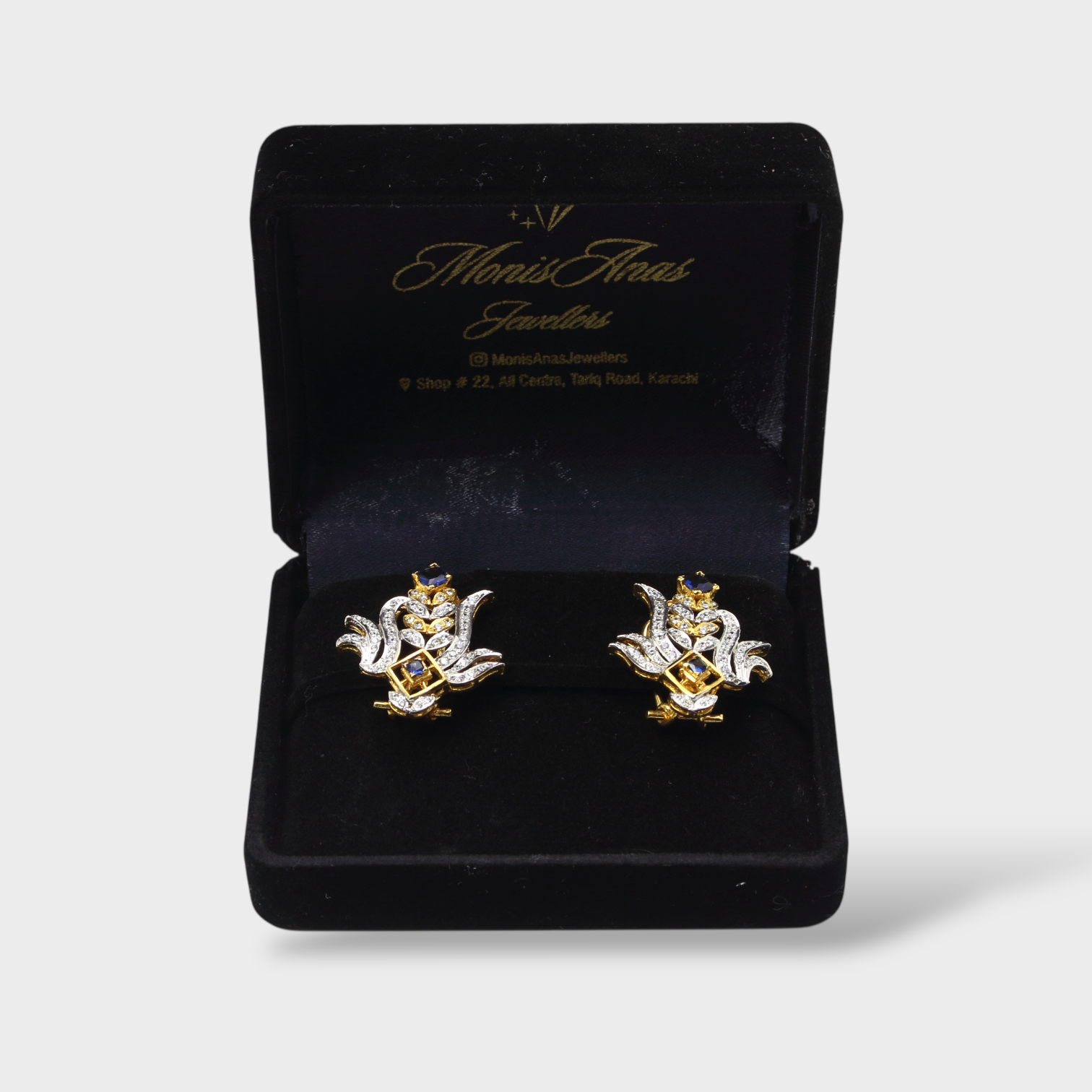 Blue Sapphire Floral Pearl Drop Clip Earrings