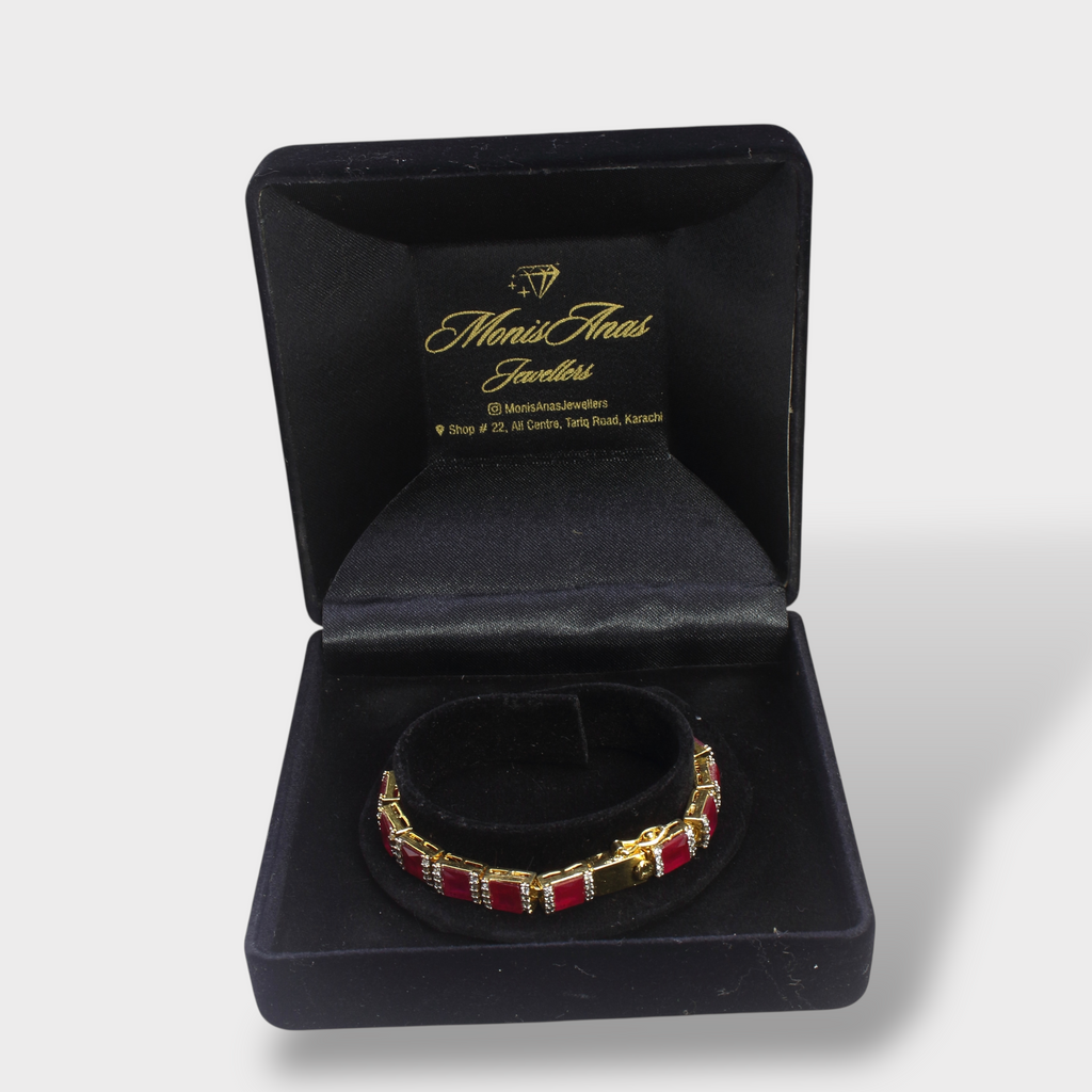 Ruby Red Tennis Bracelet – Emerald-Cut Gems - Gold Plated