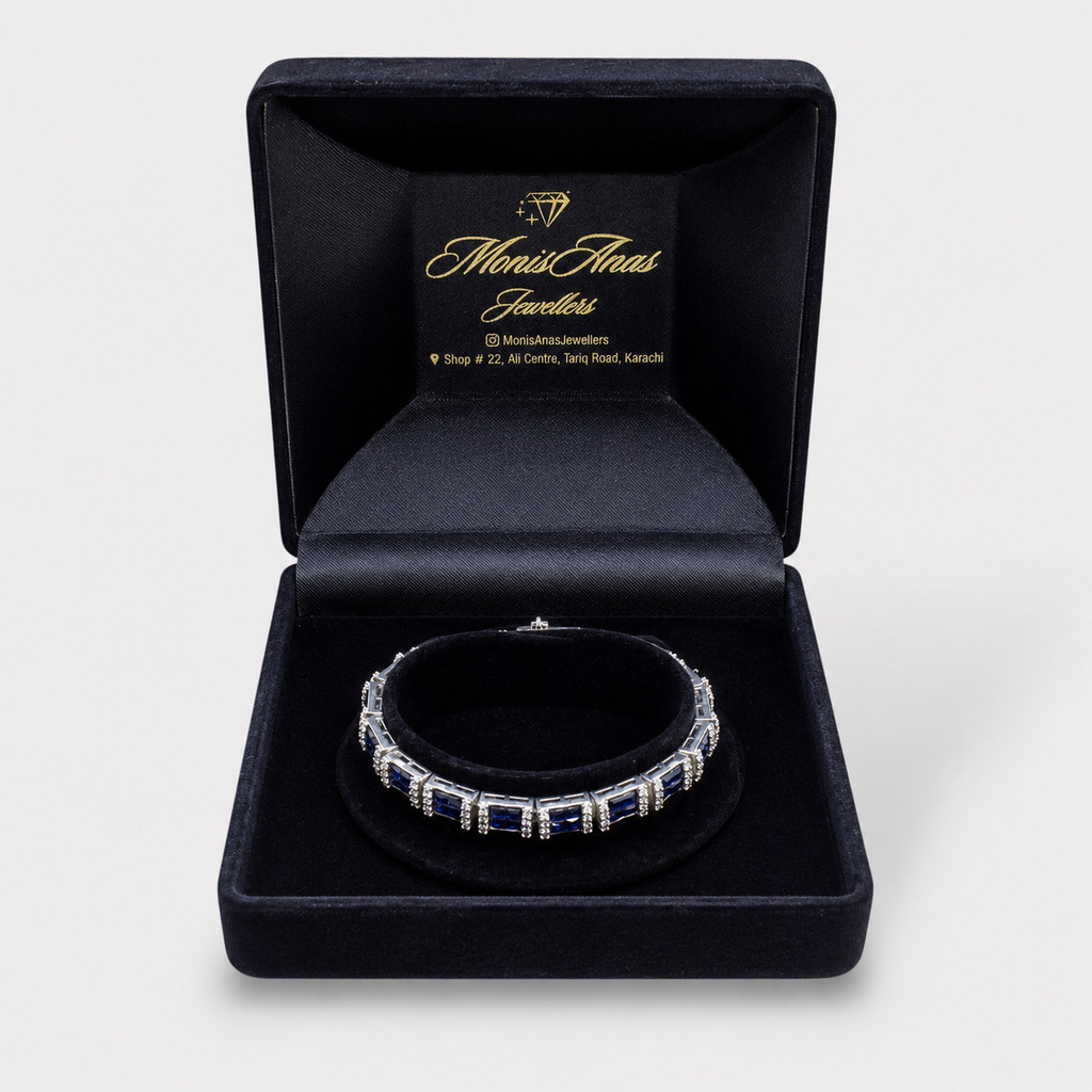 Blue Sapphire Tennis Bracelet – Emerald-Cut Gems - Rhodium Silver