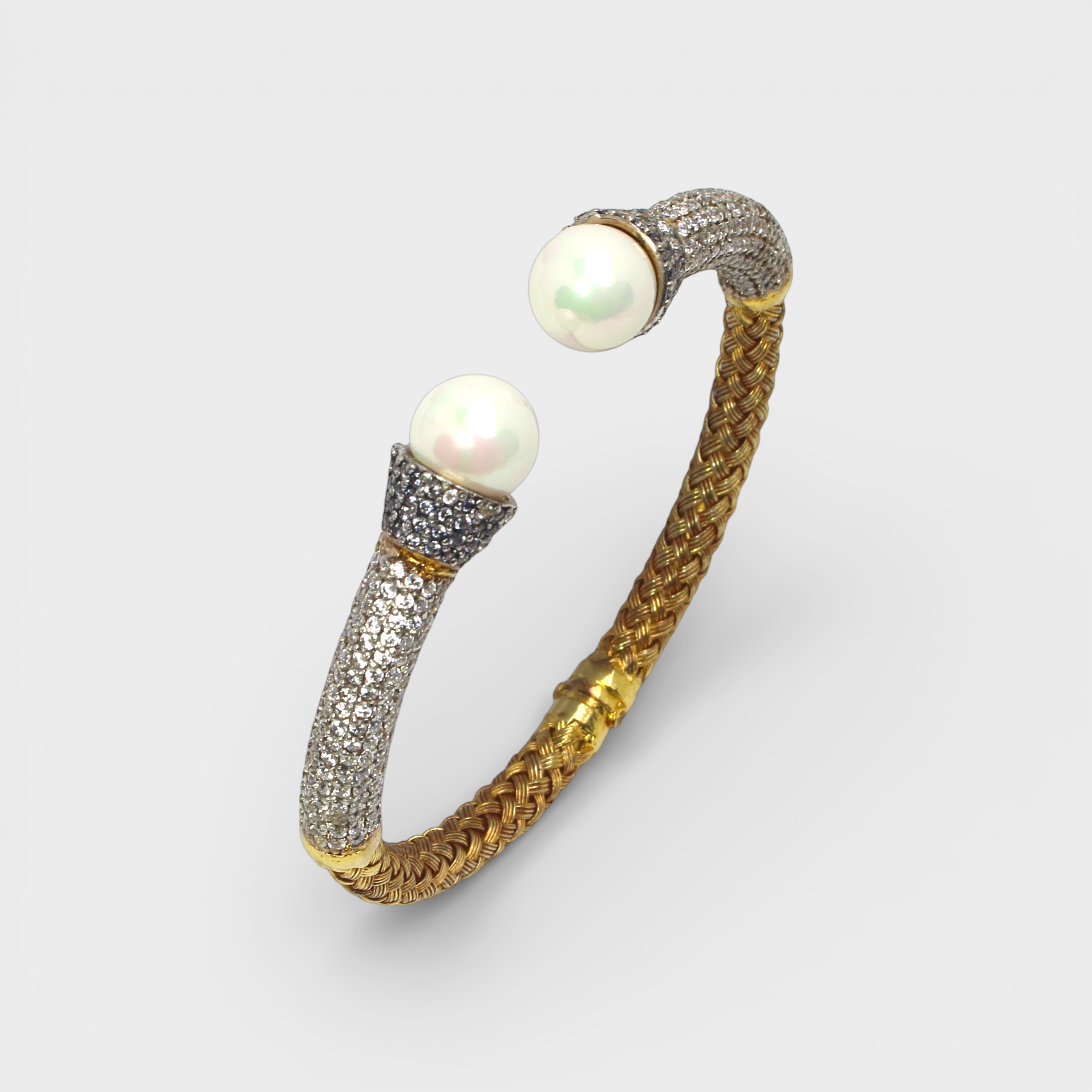Pearl Braided Cuff Bangle – 18K Gold Plated CZ Pave