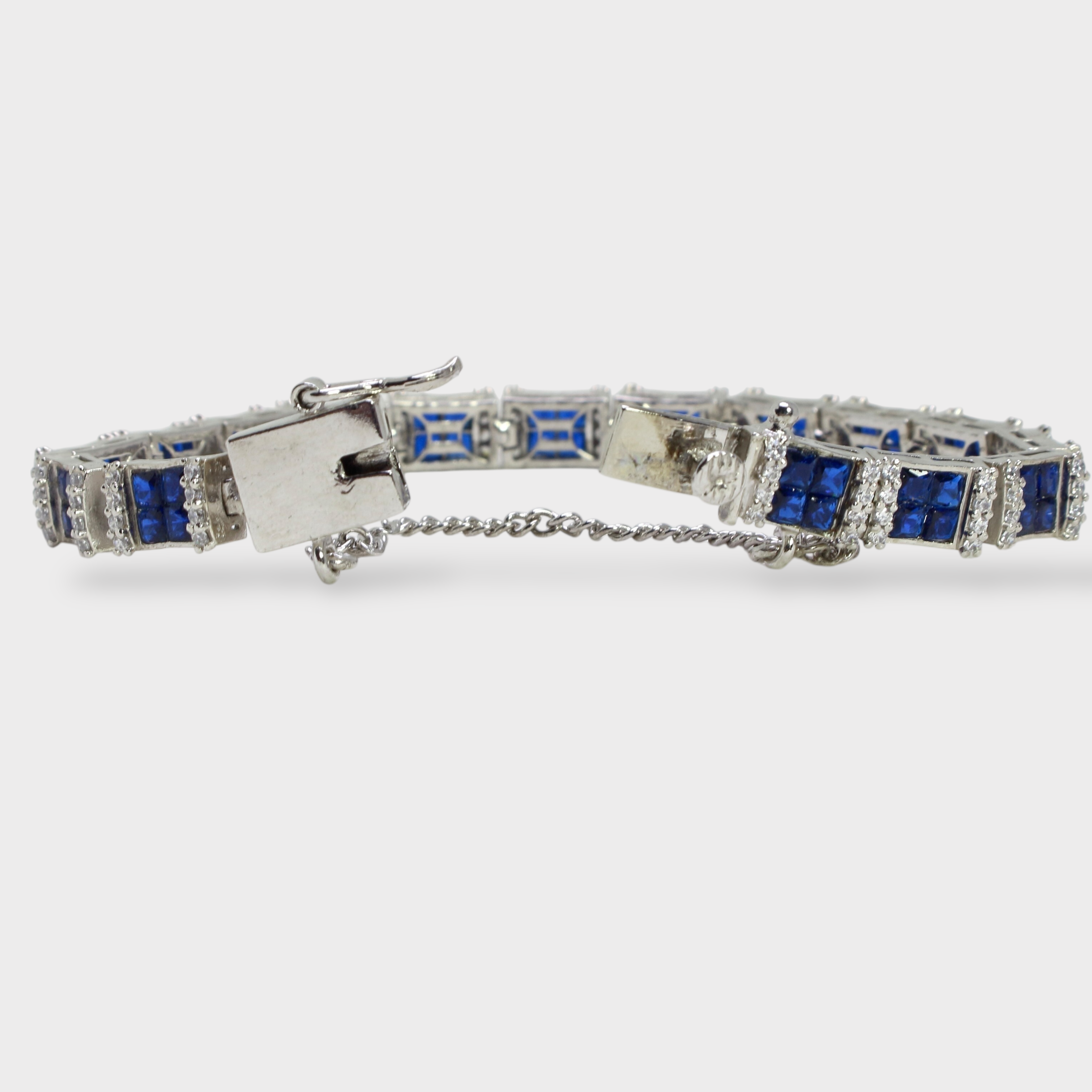 Blue Sapphire Tennis Bracelet – Emerald-Cut Gems - Rhodium Silver