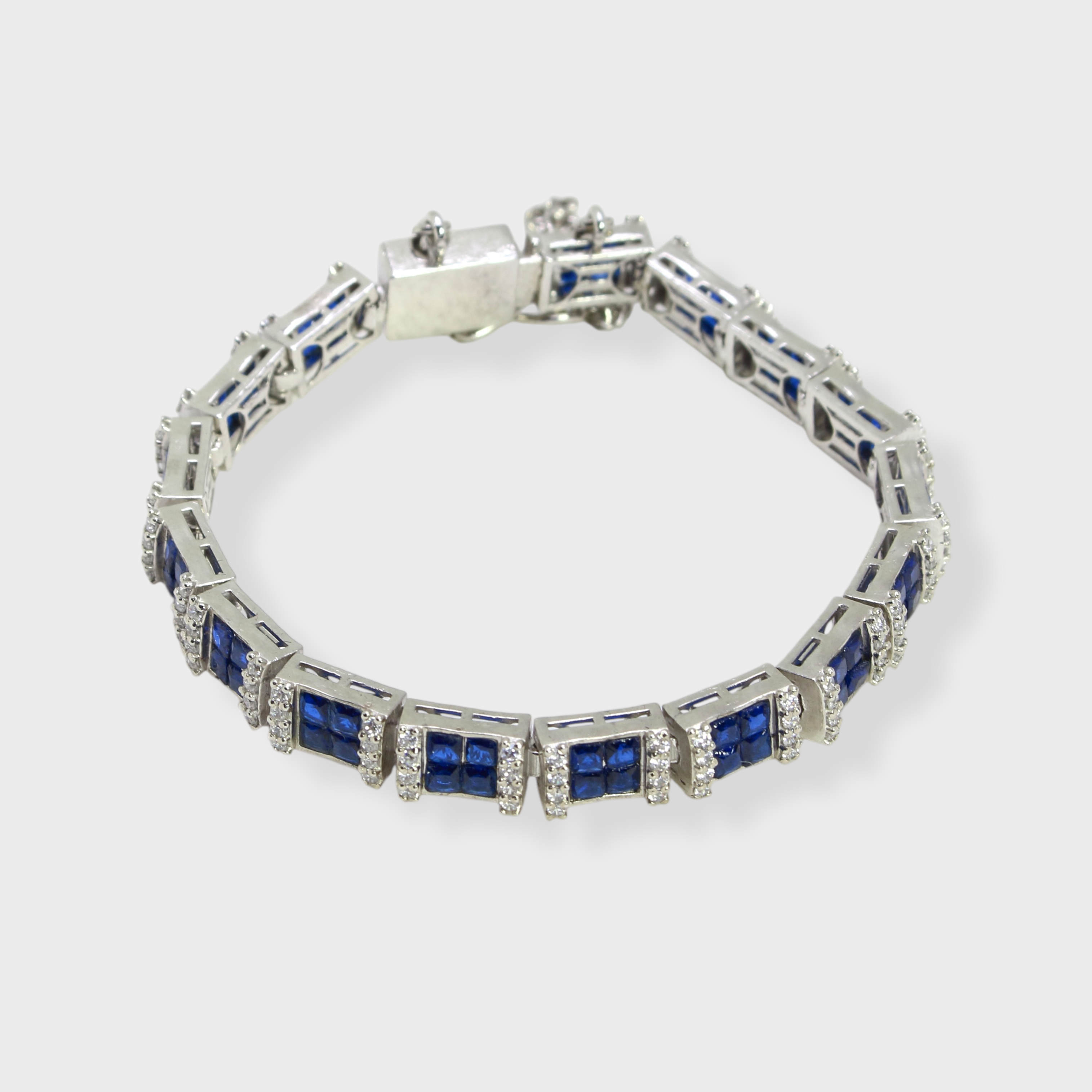 Blue Sapphire Tennis Bracelet – Emerald-Cut Gems - Rhodium Silver