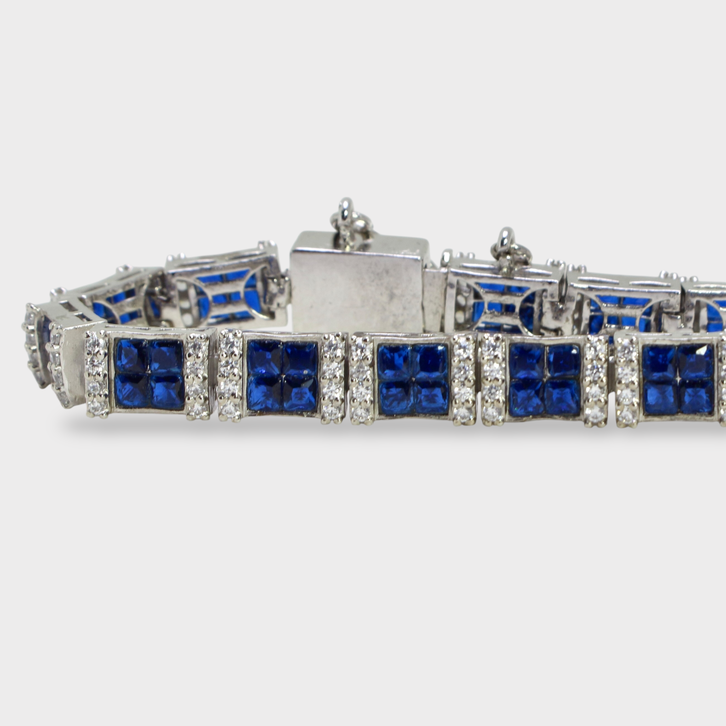 Blue Sapphire Tennis Bracelet – Emerald-Cut Gems - Rhodium Silver