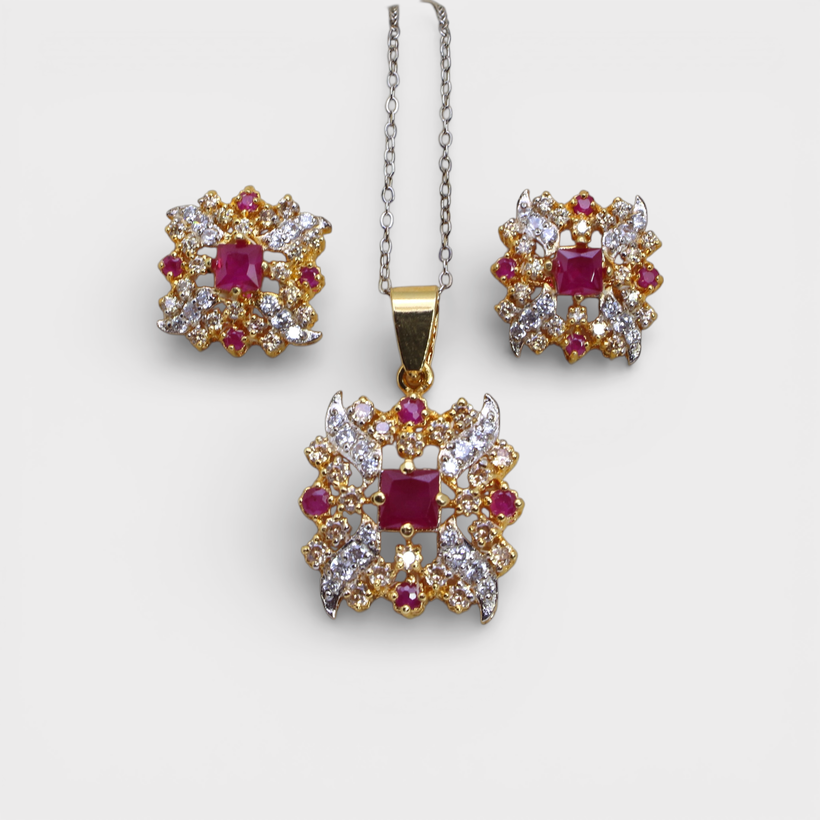 Ruby Floral Bloom Set – Pendant & Earrings