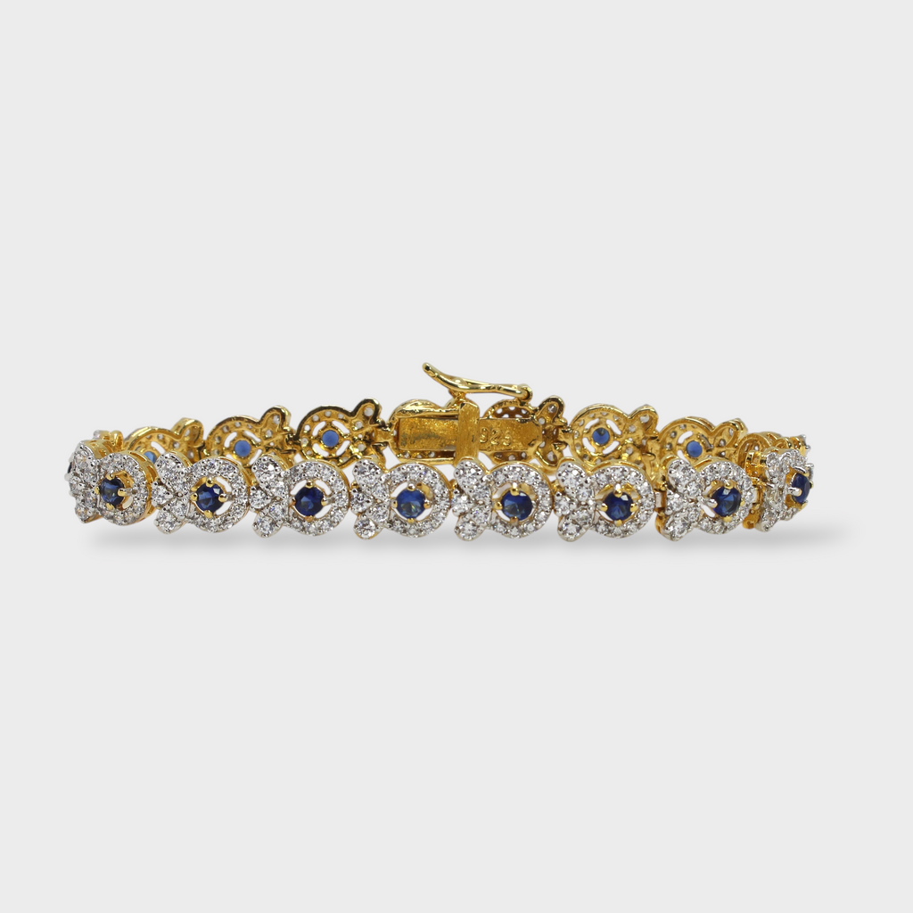 Blue Sapphire Floral Halo Bracelet – Gold Plated