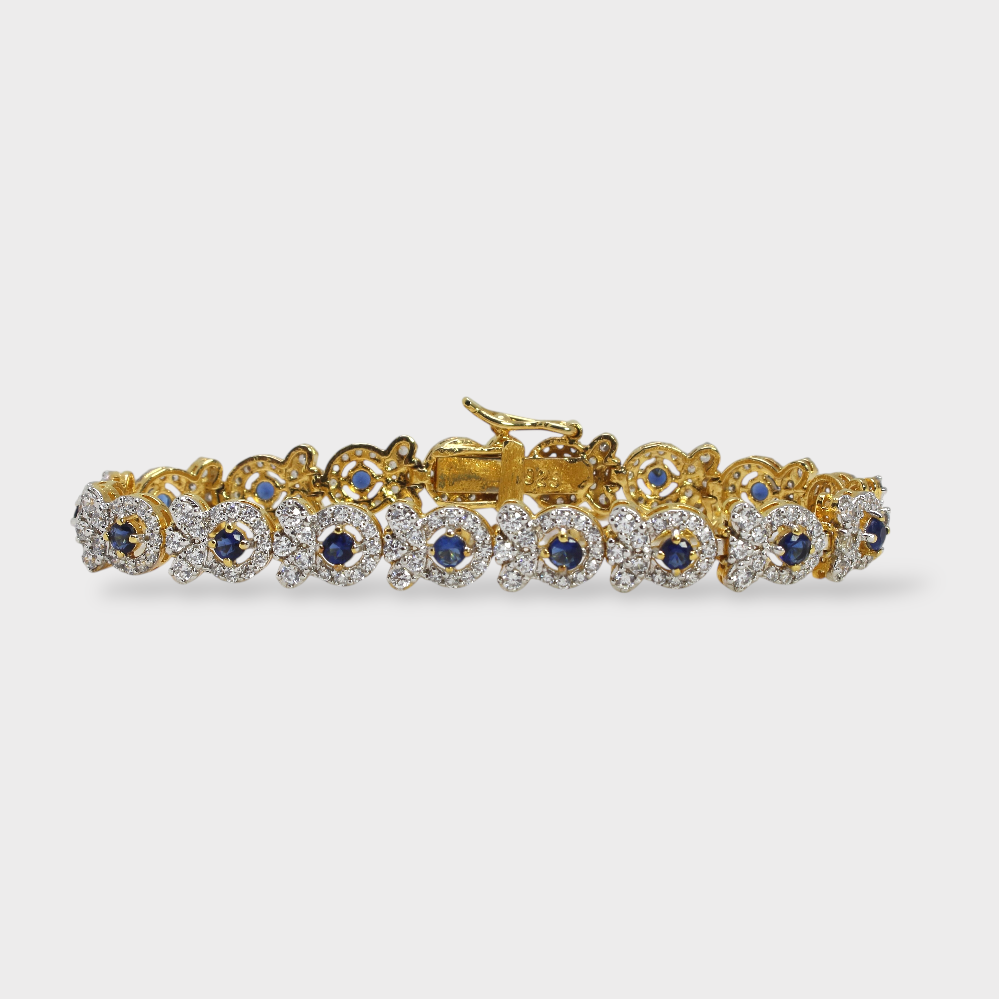 Blue Sapphire Floral Halo Bracelet – Gold Plated