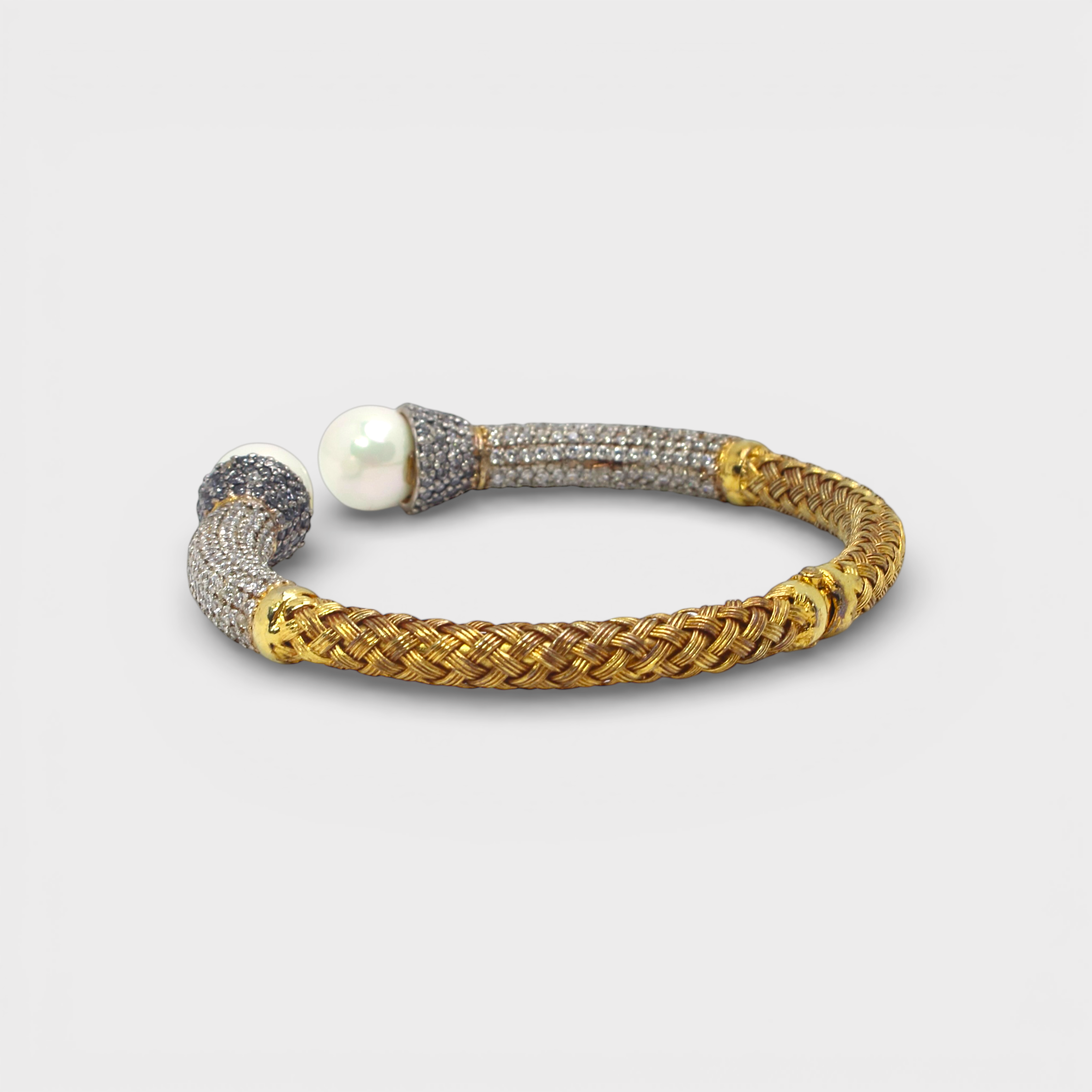 Pearl Braided Cuff Bangle – 18K Gold Plated CZ Pave