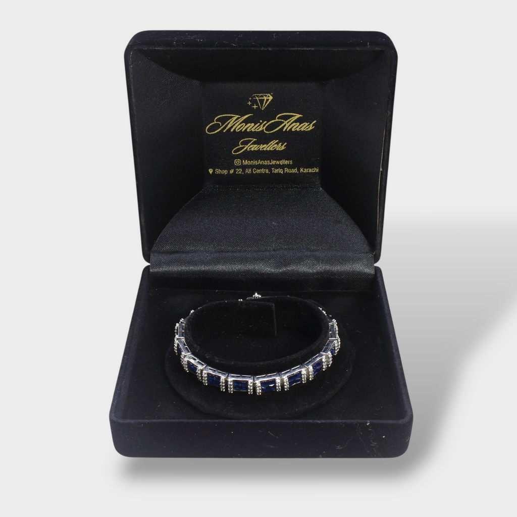 Blue Sapphire Tennis Bracelet – Emerald-Cut Gems - Rhodium Silver