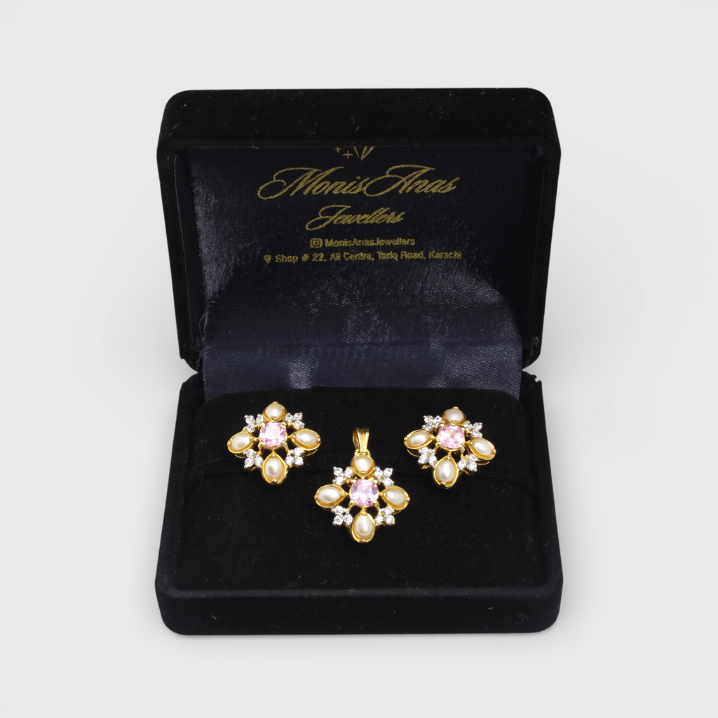 Pink Sapphire Pearl Floral Set – Pendant & Earrings