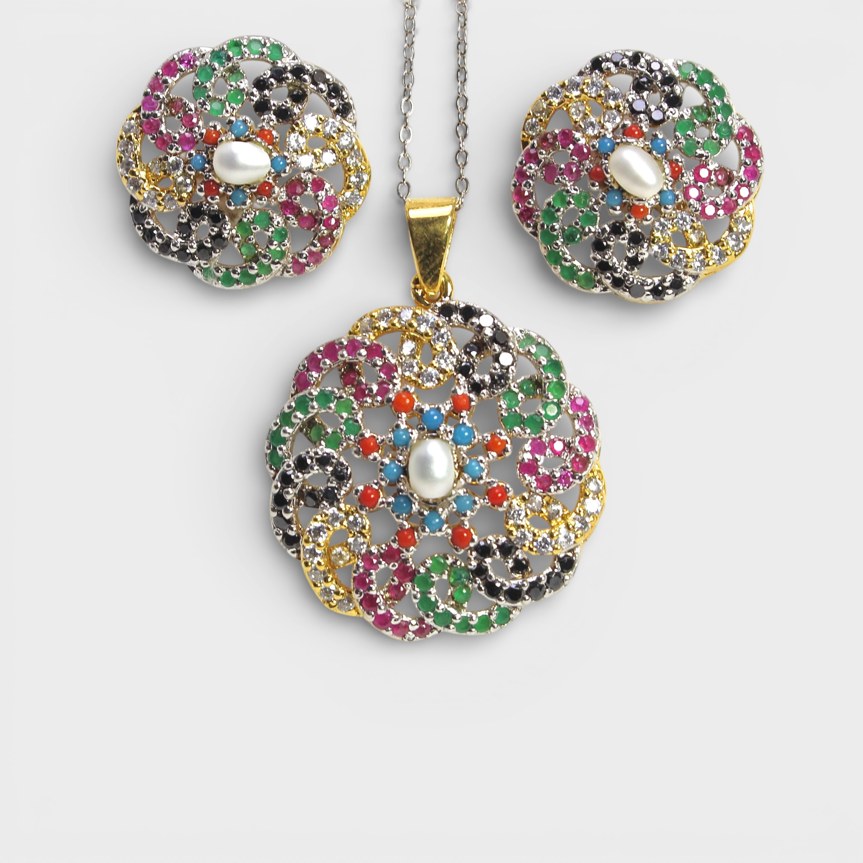 Rainbow Floral Pearl & Multicolor Gemstone Set