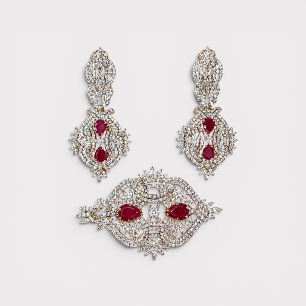 Ruby Flame Brooch & Earring Set
