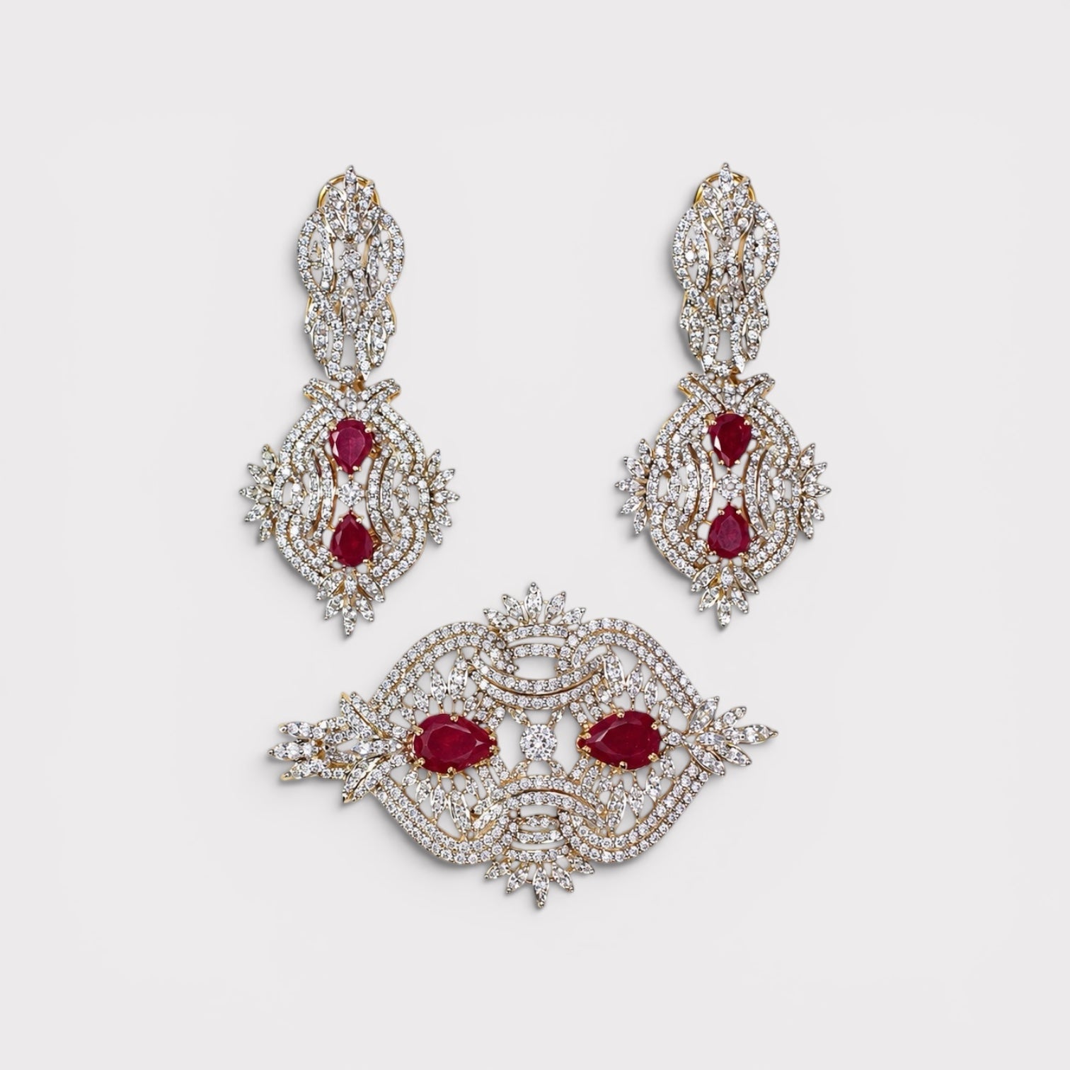Ruby Flame Brooch & Earring Set