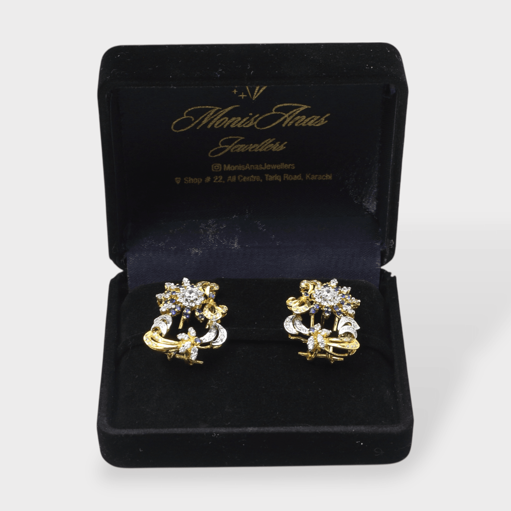 Blue Sapphire Floral Burst Clip Earrings - Monis Anas Jewellers