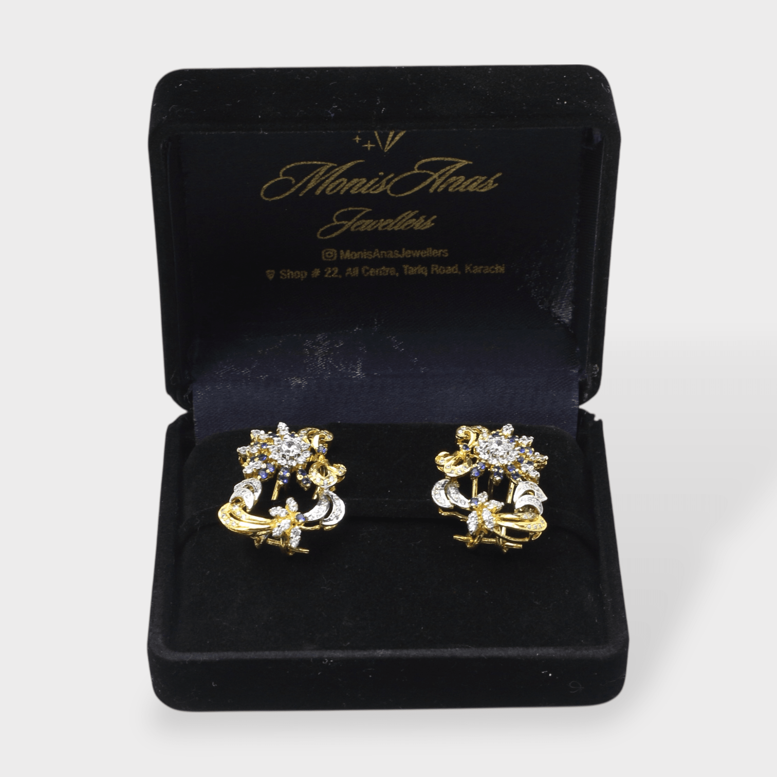 Blue Sapphire Floral Burst Clip Earrings - Monis Anas Jewellers