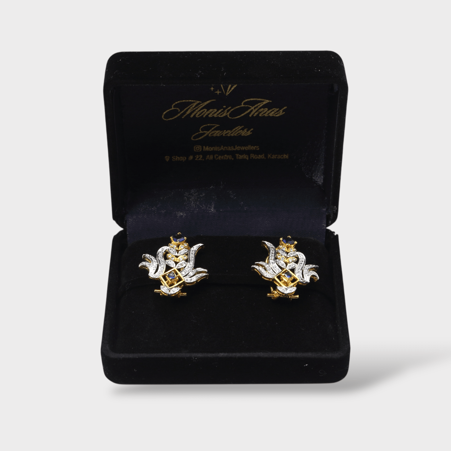 Blue Sapphire Floral Pearl Drop Clip Earrings - Monis Anas Jewellers