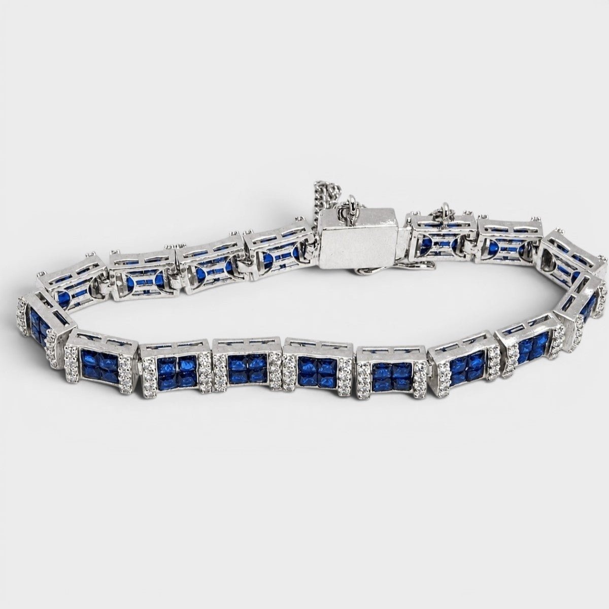 Blue Sapphire Tennis Bracelet – Emerald-Cut Gems - Rhodium Silver - Monis Anas Jewellers