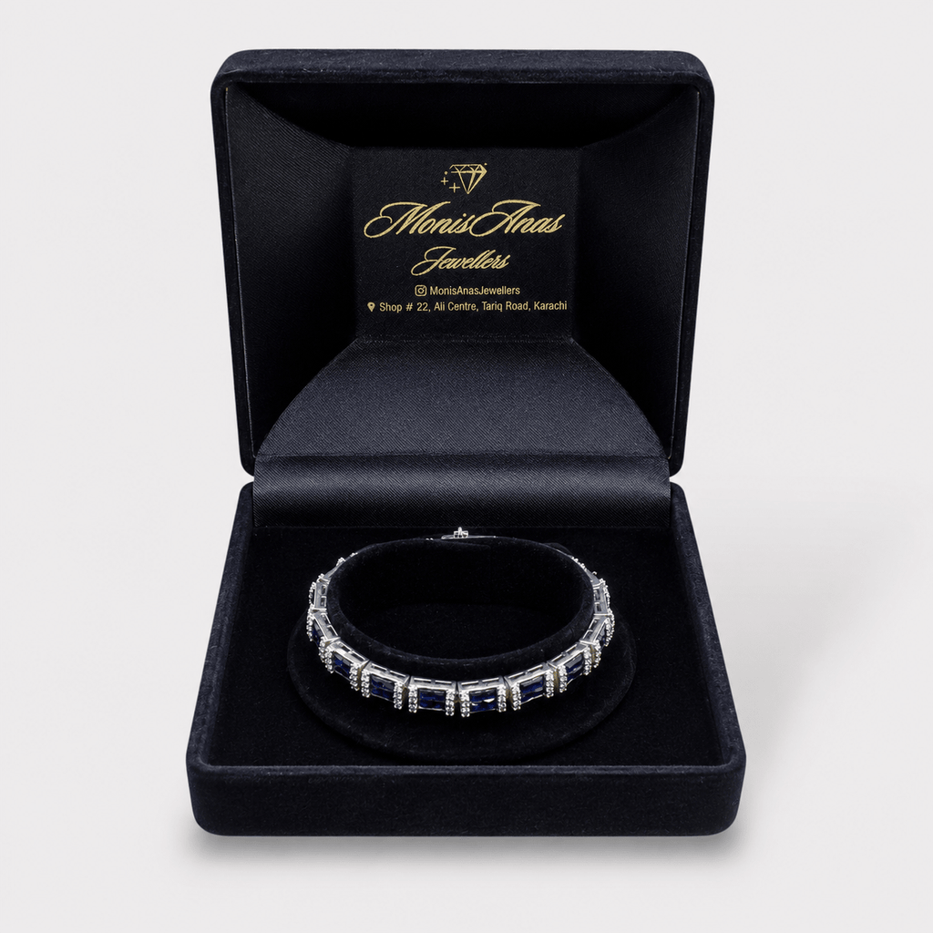 Blue Sapphire Tennis Bracelet – Emerald-Cut Gems - Rhodium Silver - Monis Anas Jewellers