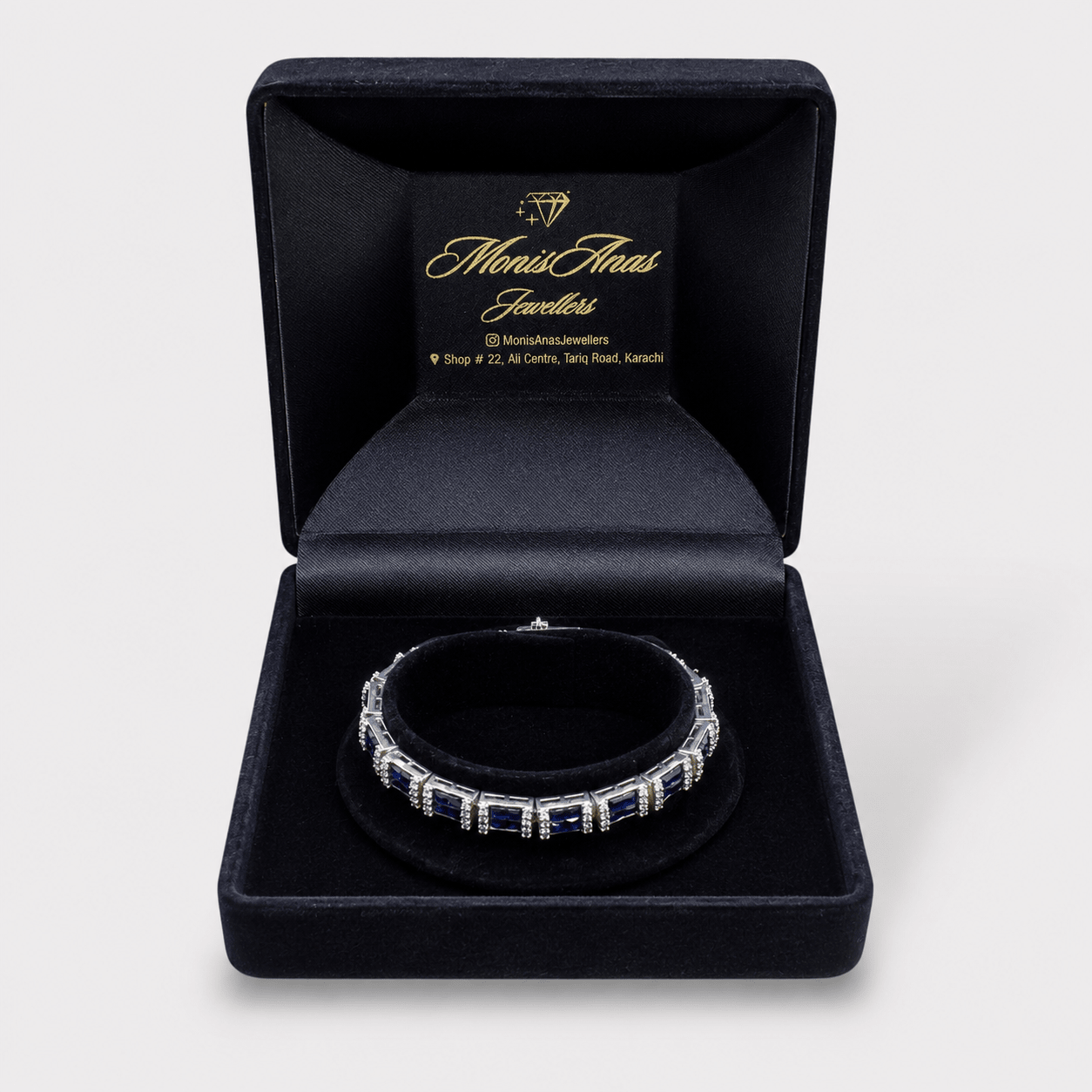 Blue Sapphire Tennis Bracelet – Emerald-Cut Gems - Rhodium Silver - Monis Anas Jewellers