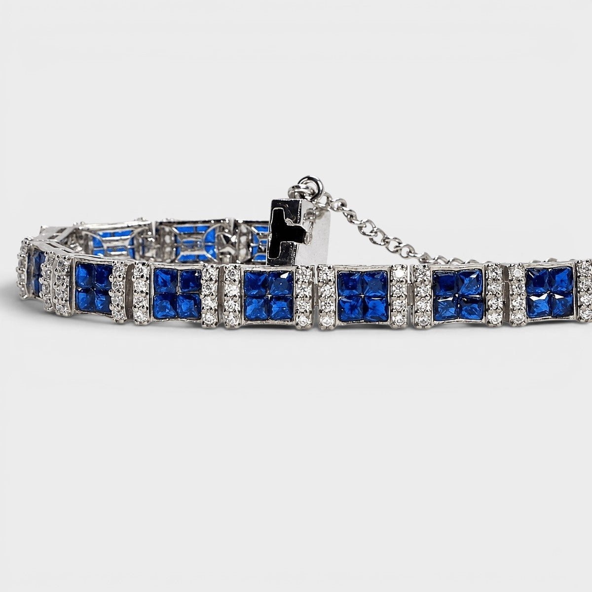Blue Sapphire Tennis Bracelet – Emerald-Cut Gems - Rhodium Silver - Monis Anas Jewellers