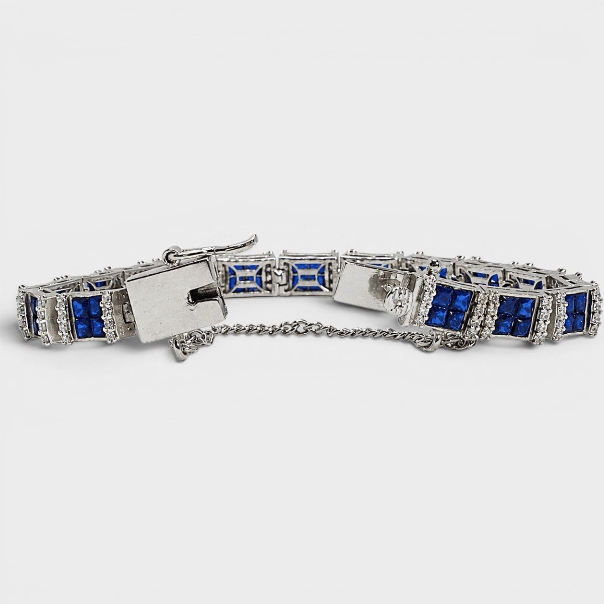 Blue Sapphire Tennis Bracelet – Emerald-Cut Gems - Rhodium Silver - Monis Anas Jewellers
