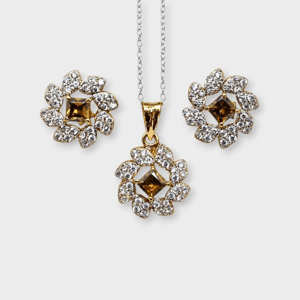 Champagne Zircon Pearl Floral Set – Pendant & Earrings - Monis Anas Jewellers