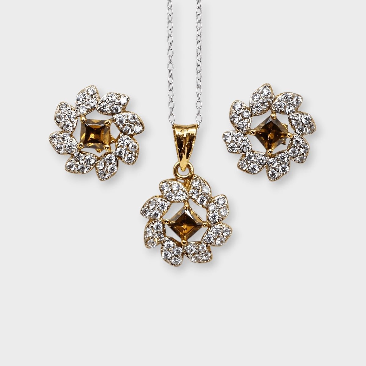 Champagne Zircon Pearl Floral Set – Pendant & Earrings - Monis Anas Jewellers