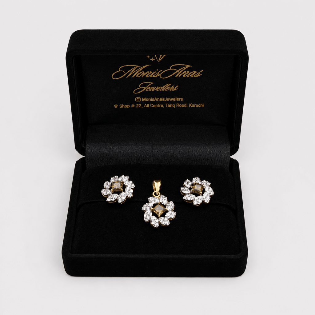 Champagne Zircon Pearl Floral Set – Pendant & Earrings - Monis Anas Jewellers