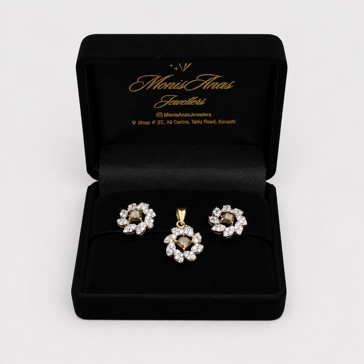 Champagne Zircon Pearl Floral Set – Pendant & Earrings - Monis Anas Jewellers