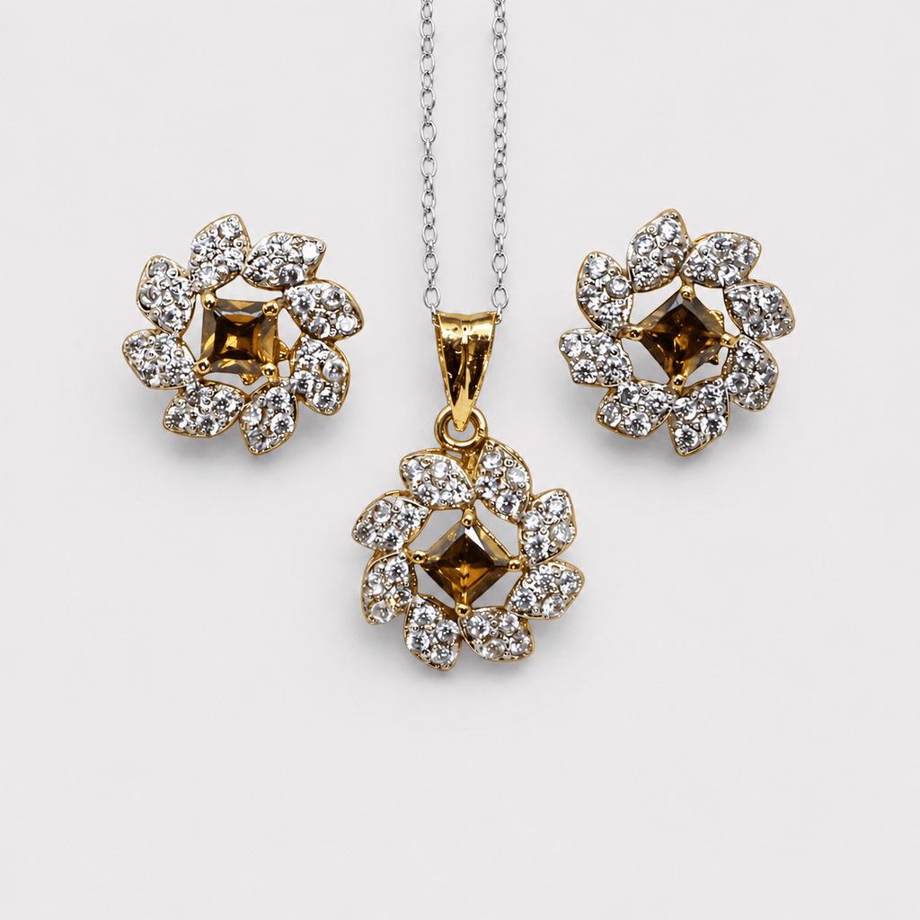 Champagne Zircon Pearl Floral Set – Pendant & Earrings - Monis Anas Jewellers