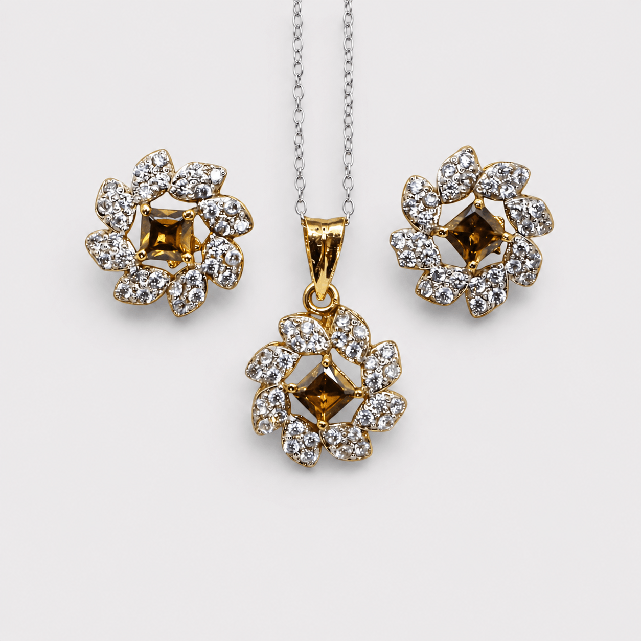 Champagne Zircon Pearl Floral Set – Pendant & Earrings - Monis Anas Jewellers