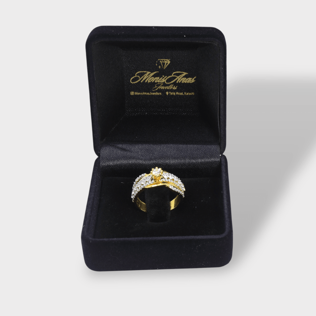 Golden Crisscross Sparkle Cocktail Ring - Monis Anas Jewellers
