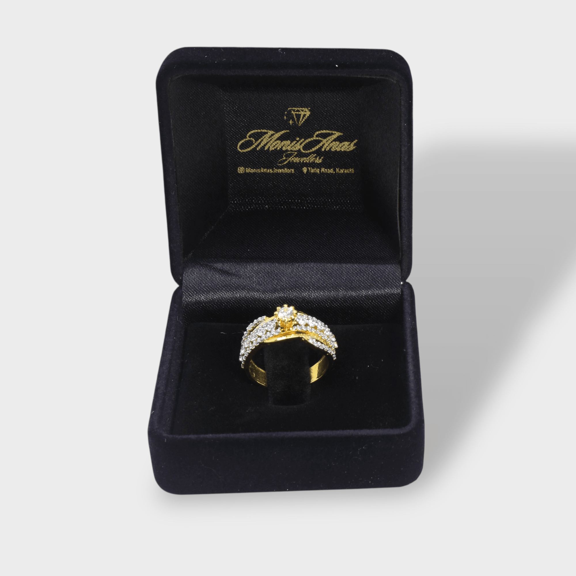 Golden Crisscross Sparkle Cocktail Ring - Monis Anas Jewellers