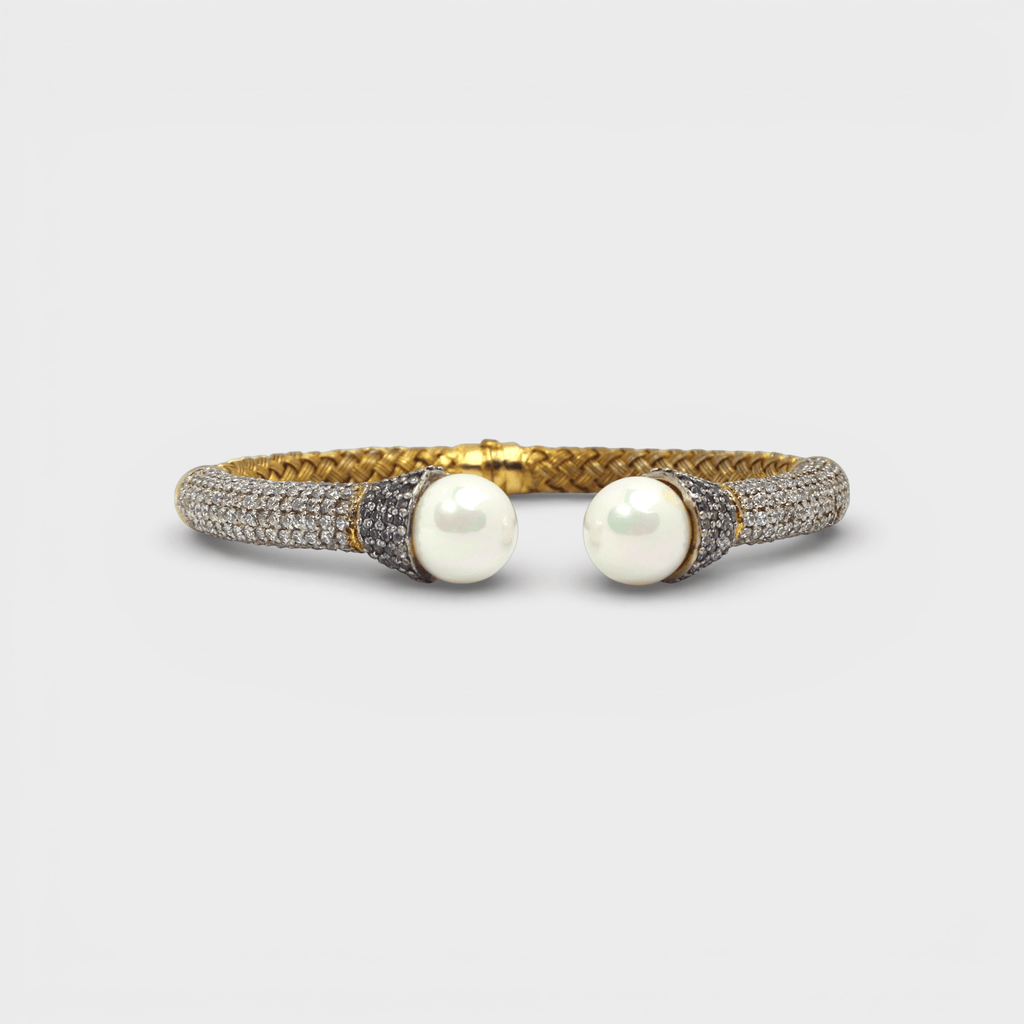 Pearl Braided Cuff Bangle – 18K Gold Plated CZ Pave - Monis Anas Jewellers