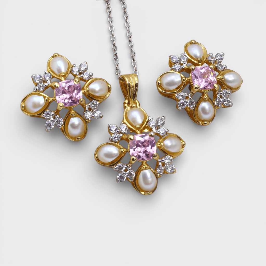 Pink Sapphire Pearl Floral Set – Pendant & Earrings - Monis Anas Jewellers