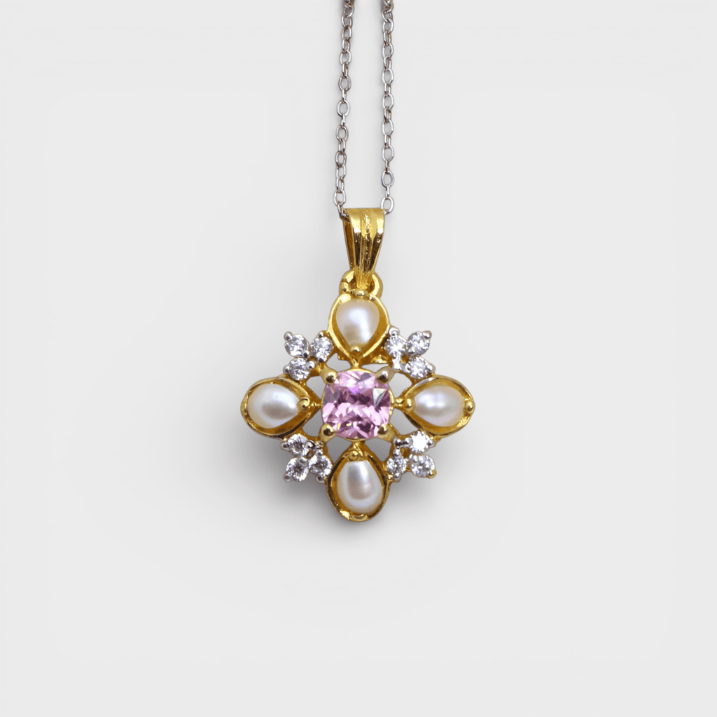 Pink Sapphire Pearl Floral Set – Pendant & Earrings - Monis Anas Jewellers