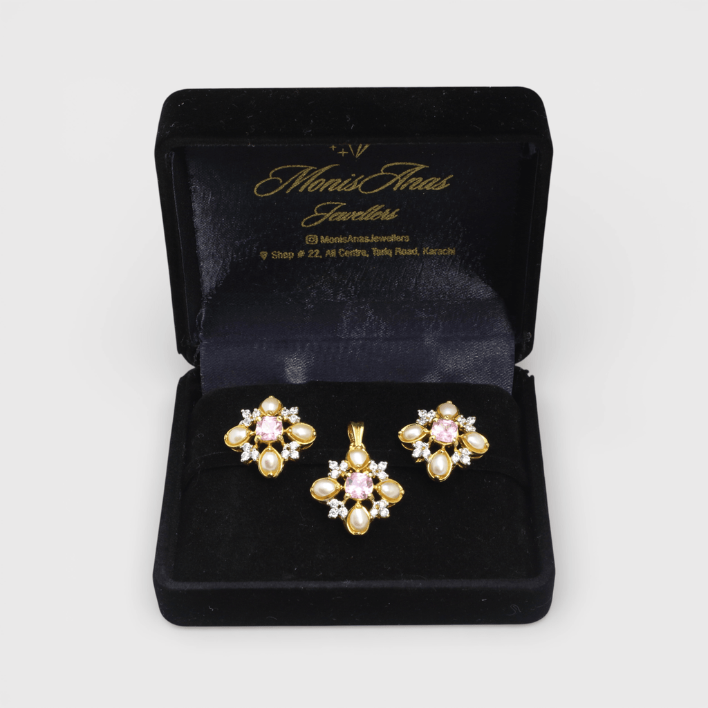 Pink Sapphire Pearl Floral Set – Pendant & Earrings - Monis Anas Jewellers
